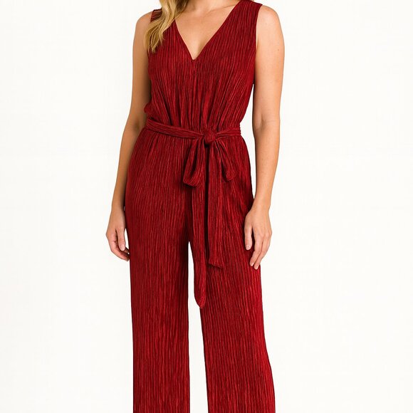 NWT NY Collection Wine Micro Pleated Jumpsuit Sz XS Sleeveless Tie Belt Career - Picture 1 of 14